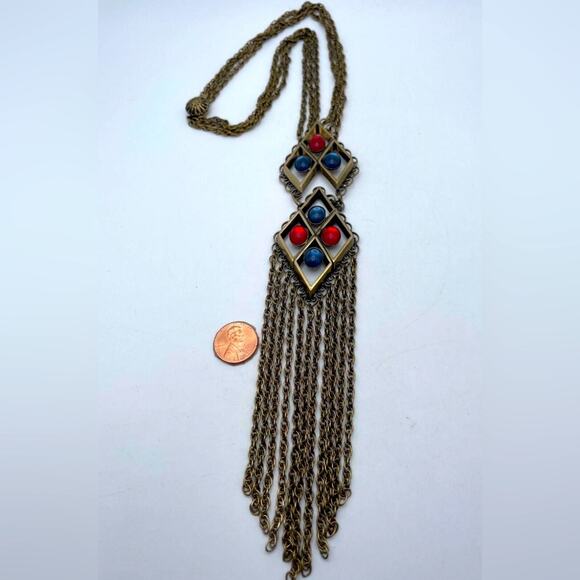 Vintage German Blue & Red Brass Tone Tassel Chain Statement Unique Rare Necklace - Picture 2 of 6